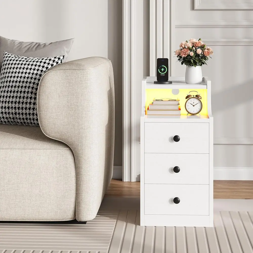 Narrow Nightstand with Charging Station and LED Lights, ern Night Stand, End Table with 3 Ders, Open Shel, Side Table or Living