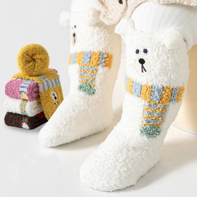 Calzini lunghi per bambini invernali in pile di corallo, spessi, caldi, carini, per ragazze, ragazzi, morbidi cartoni animati, orso, madre figlia, calze genitore-figlio