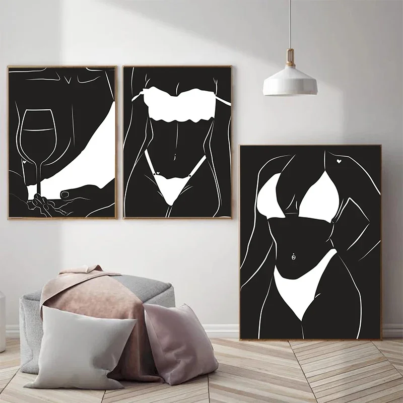 Retro Black and White Sexy Woman Canvas Poster Nude Girls with Bikini Print Painting Picture for Living Room Bedroom Decoration