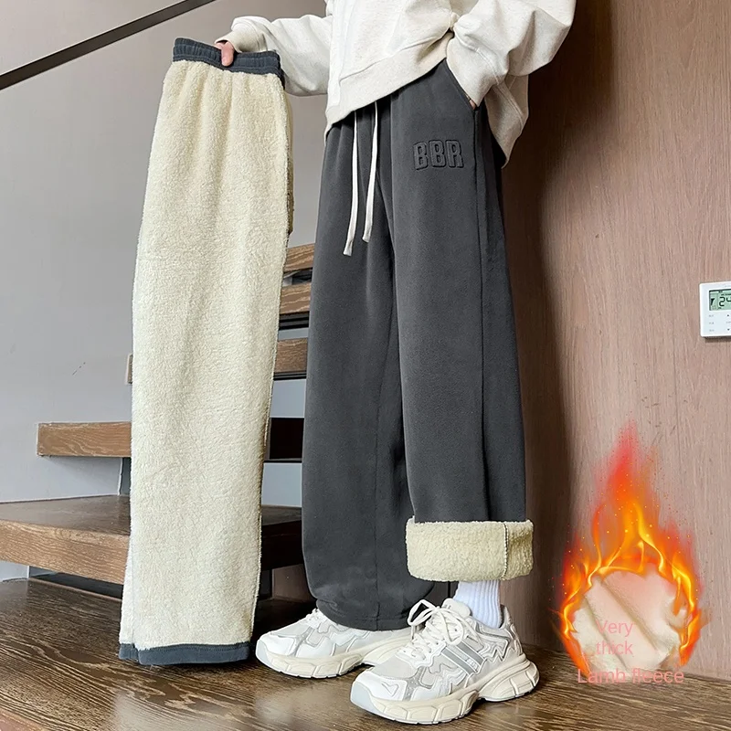 Lamb fleece pants for boys in winter 2025, new style with added fleece and thickened men's casual cotton pants with added fleece