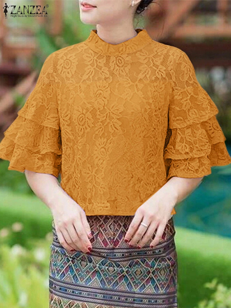 

ZANZEA Lace Hollow Out Tops Women Summer Blouse Ruffled Sleeve Blusas 2025 Casual Pullover Solid Color Blusas Bohemian Tops