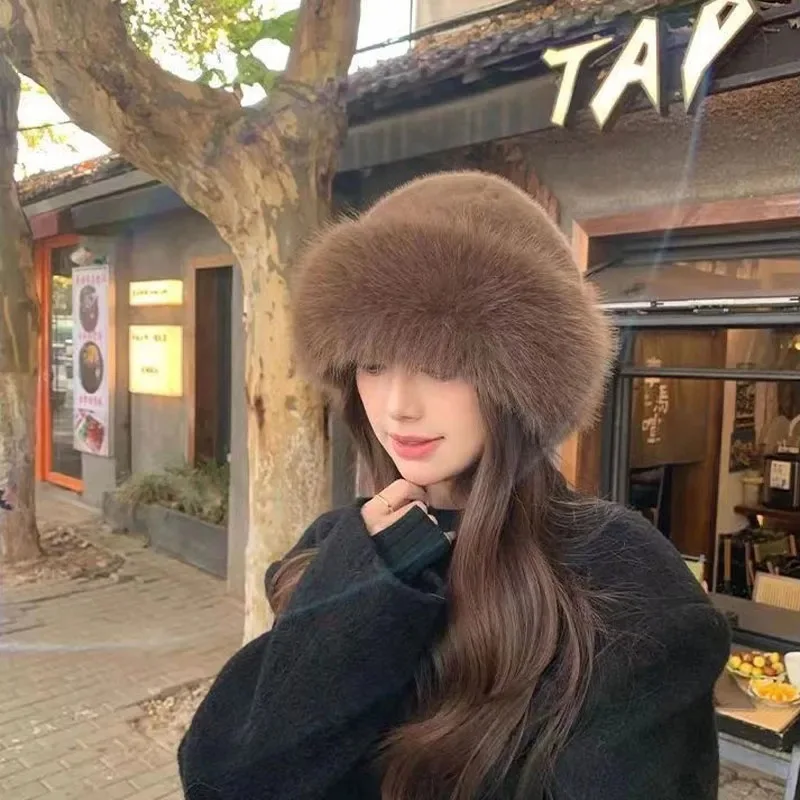 Fashion Faux Fur Big Bucket Hat for Women Russian Cossack Fluffy Winter Wrap Hat Fuzzy Fluffy Bucket Hat Oversized Pink Wine Red