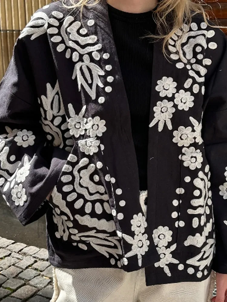 

Женский тонкий кардиган с цветочным принтом, элегантный Свободный кардиган с V-образным вырезом и длинными рукавами, осень 2024