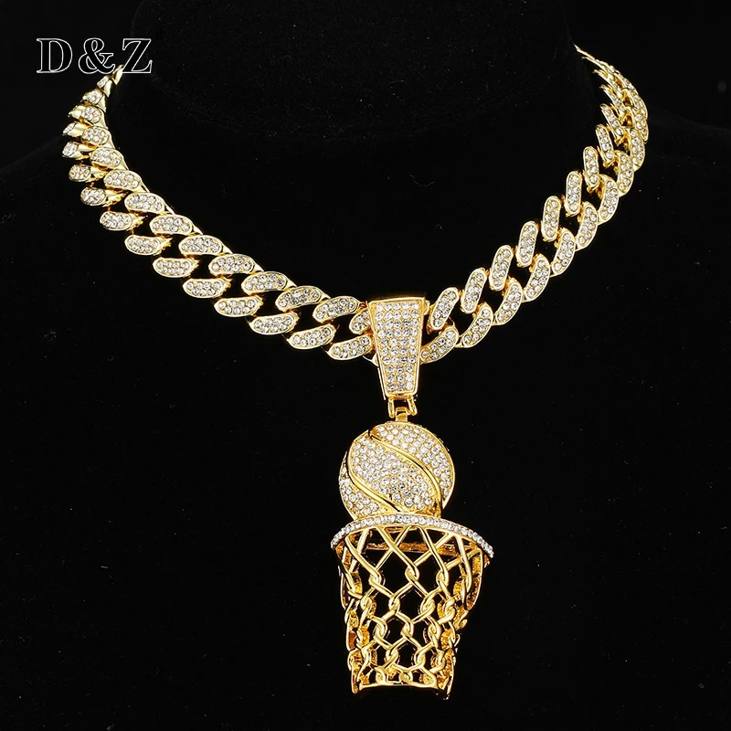 D&Z Basketball Pendant  With 13mm Rhinestones Miami Cuban Chain HipHop Iced Out Bling Necklaces Fashion Jewelry For Man Gift