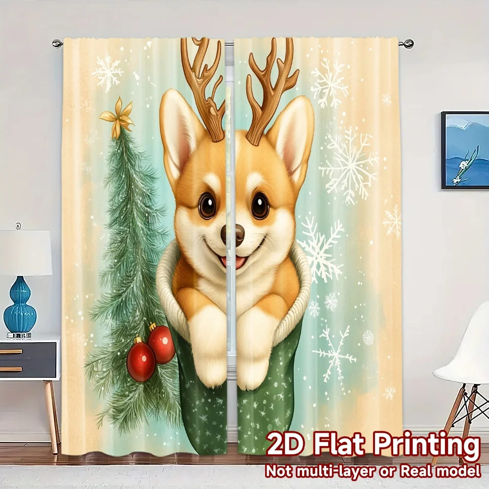 2pcs,Curtains Cute Puppy Christmas Stocking Holiday (2) Pattern Popular Curtains Machine Washable Fabric Curtains Decorations