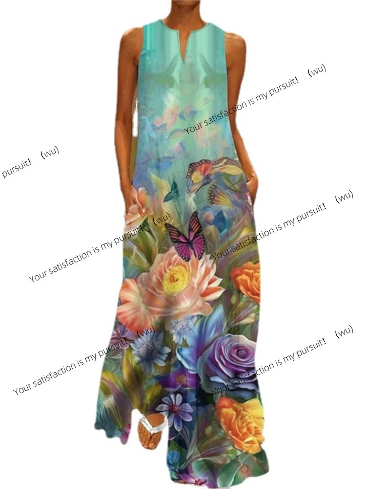 2023 sommer Neue Vintage Blume Gedruckt Lange Kleider Frauen Mode V-ausschnitt Lose Ärmelloses Kleid Casual Pendeln Vestidos Weibliche
