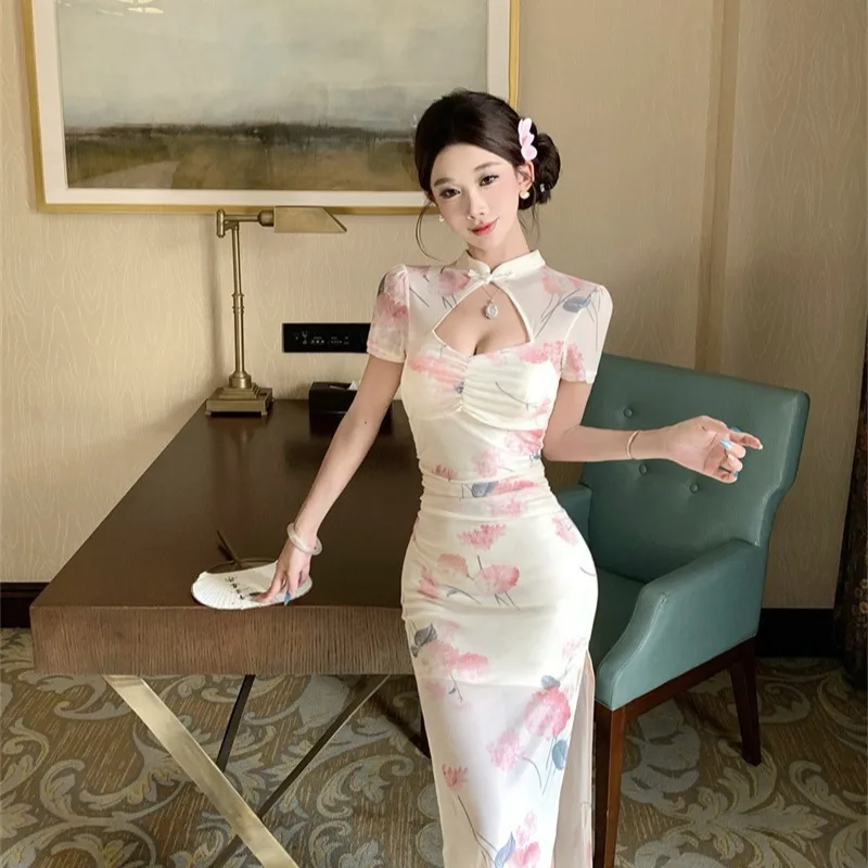 セクシーなヴィンテージ風改良旗袍ドレス、スリット入り、ミドル丈、中国風、中秋・冬の新作、レディースファッションドレス