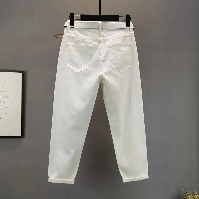 White Jeans Women's Spring Summer 2026 New Loose Star Studded Hot Stamping Perforated Chimney Pants Female Casual Denim Trousers