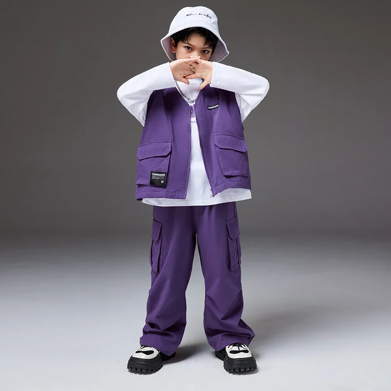 Trajes de baile de salón para niños y niñas, chaleco morado holgado + pantalones Cargo informales, 2 piezas, ropa de actuación de Jazz, traje de escenario Kpop