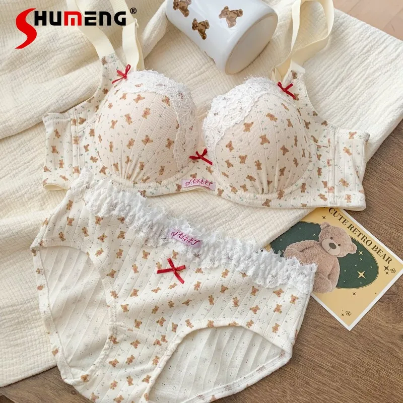 

Girls Push Up Small Chest Underwear Set Sweet Cute Japanese Style Bear Bra Suit Women's Lace Sexy Underwear Intimates