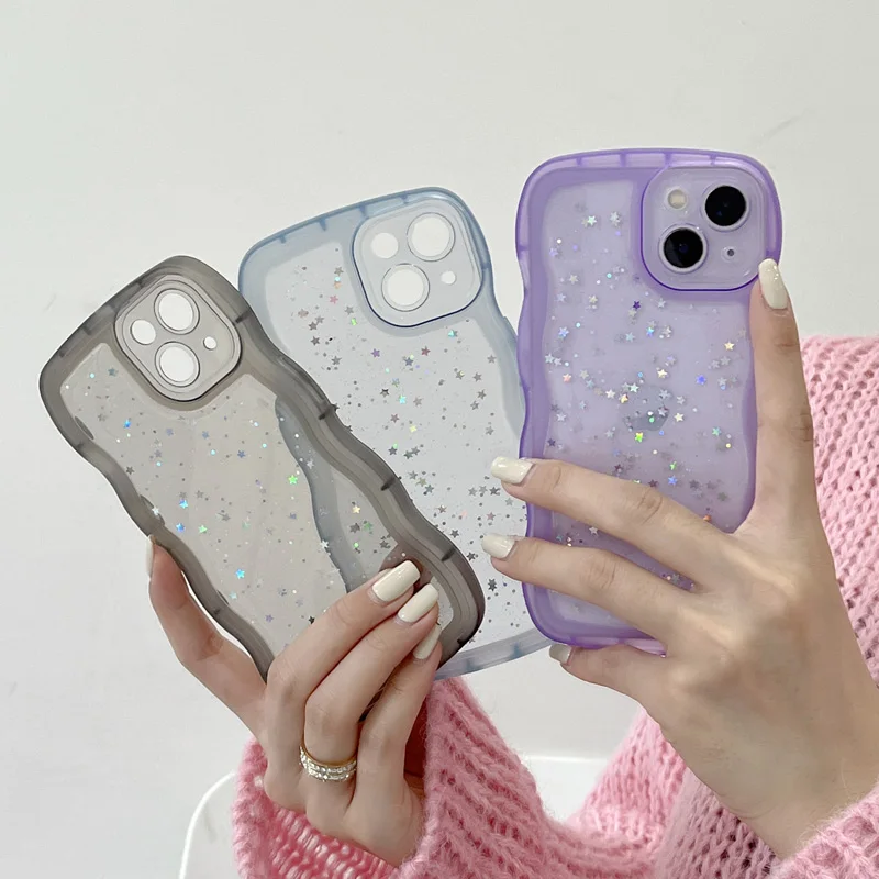 

Wave Shape Drip Glue Star Pattern Phone Case For iPhone 15 14 13 11 12 Pro Max X XR XS Max 7 8 Plus Transparent TPU Soft Cover