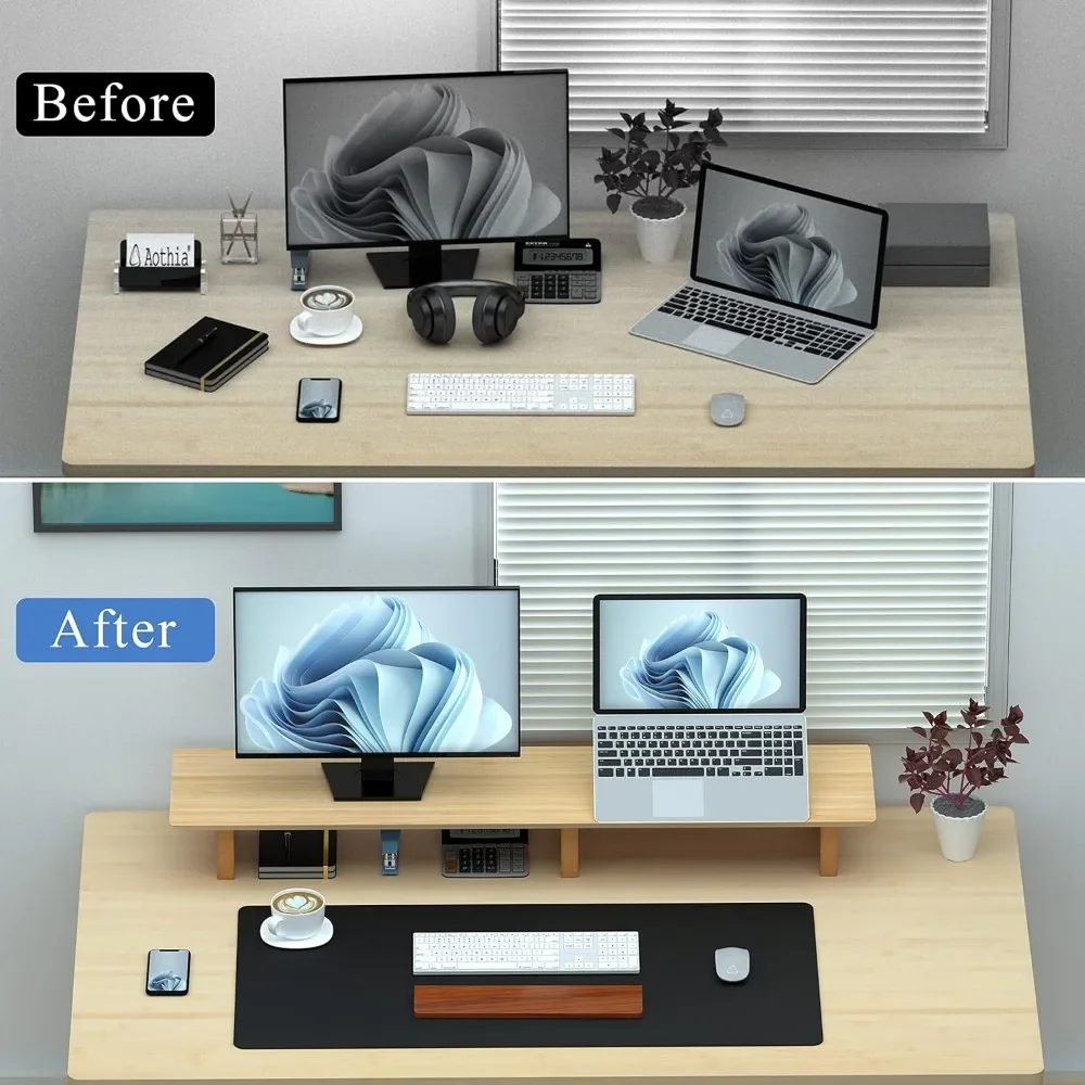 Large Dual Monitor Stand Riser, Solid Wood Desk Shelf with Eco Cork Legs for Laptop Computer/TV/PC/Printers