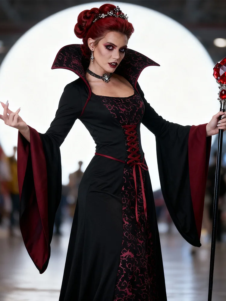 女性用 ゴシック ヴィクトリア朝風ドレス ヴァンパイア ハロウィンコスチューム コルセット パフスリーブ エレガント 魔女 ロールプレイ ステージパーティー エレガントな衣装