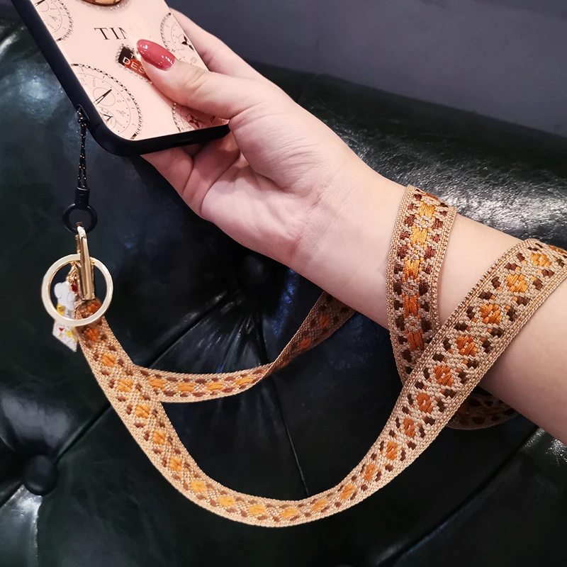 Boho Phone Strap for Women Braided Fabric Long Neck Cord for Mobile Phone Hanging Charm Cellphone Case Working ID Card Keychain