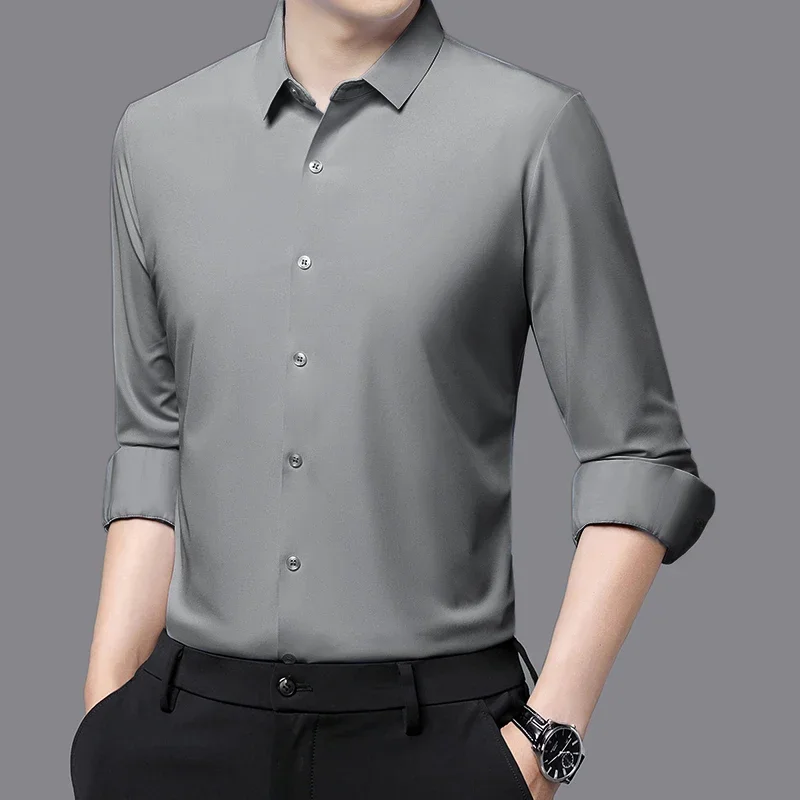 Naadloze Anti-Rimpel Zakelijke Zijdezachte Hoge Elastische Spandex Heren Lange Mouwen Shirt Formele Sociale Niet-Ijzeren Effen Kleur Casual