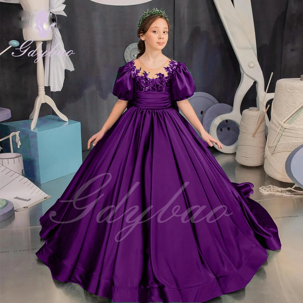 Royal Blue Flower Girl Dress For Wedding Satin O Neck With Bow Floor Length Princess Birthday Party Prom Pageant Ball Gown