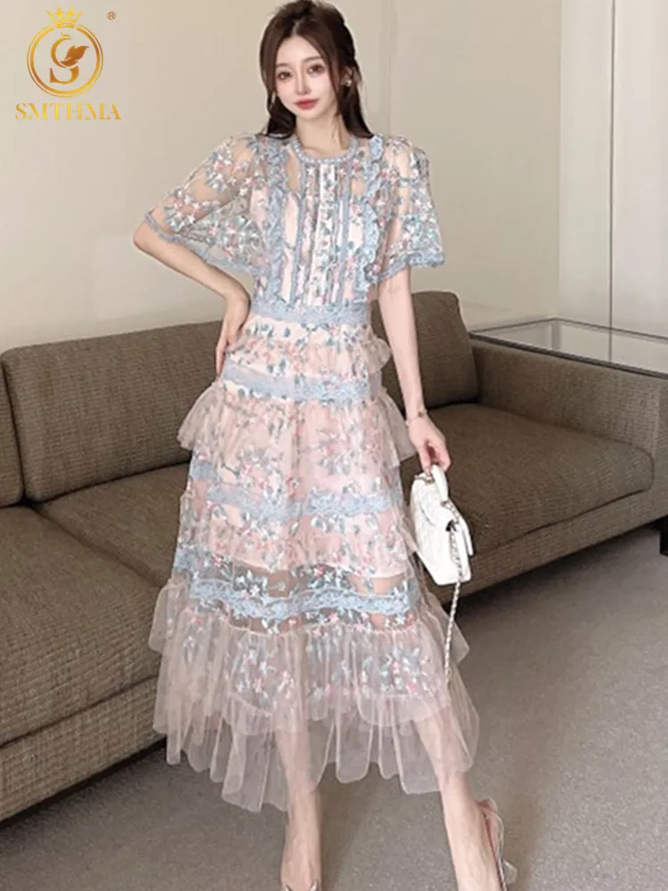 SMTHMA Women New Fashion Mesh Flowers Embroidery Summer Dress Ladies O Neck Vintage Long Dress Vestidos Female Clothing