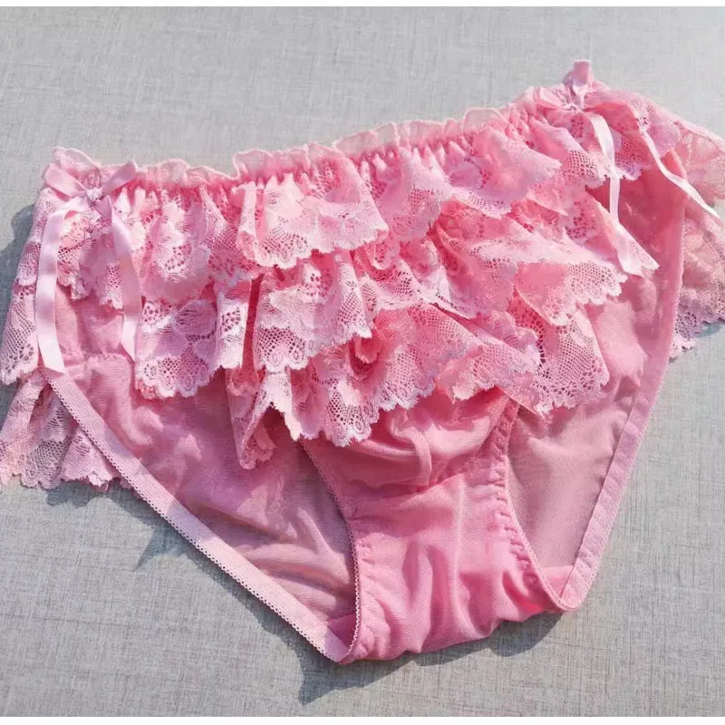 

Men's Pink Sexy Lace Bow Panties Cake Layer Ruffled Sheer Mesh Panties Sissy Crossdressing Underwear Y2k Harajuku CD Panty