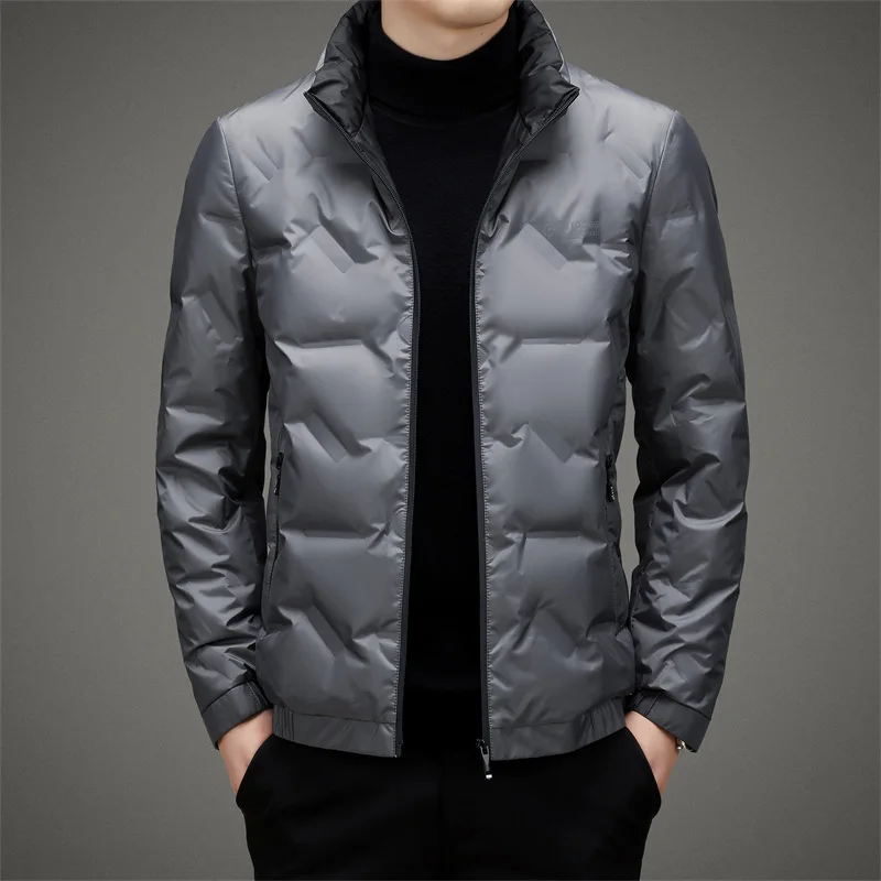 Men's Short Standing Collar Solid Color Winter Warm and Glossy Business Casual Down Jacket