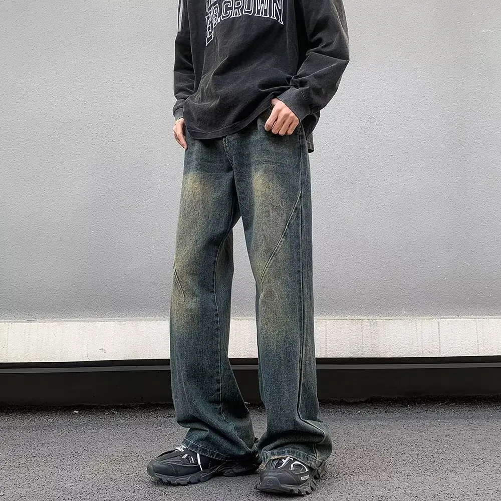 

Loose Straight Leg Men's Jeans Casual Spor Vintage Hong Kong Sle mid Waist Waed Polyester Fabric Wear Resistant
