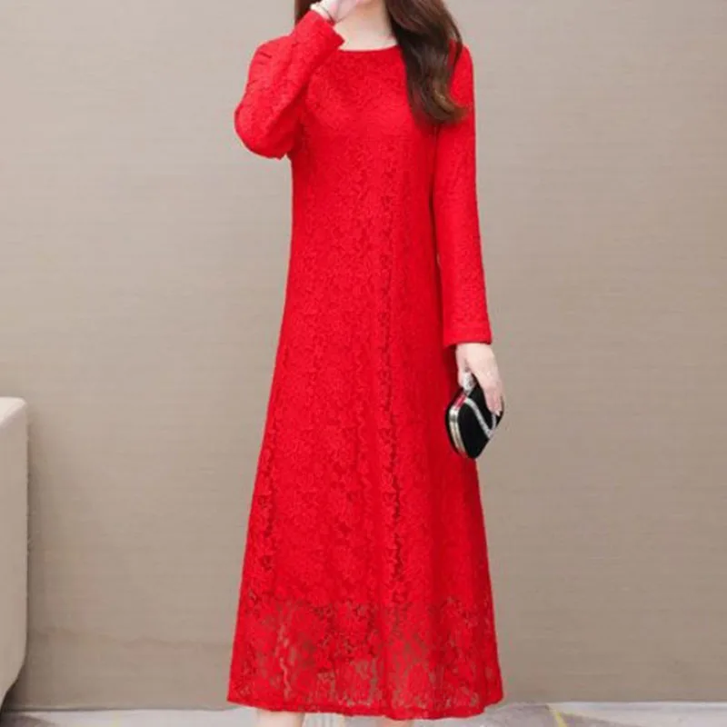 

Spring Autumn Long-sleeved Lace Dress Plus Velvet New Mid-length Bottoming Skirt Fat Belly-covering Knee-length Skirt