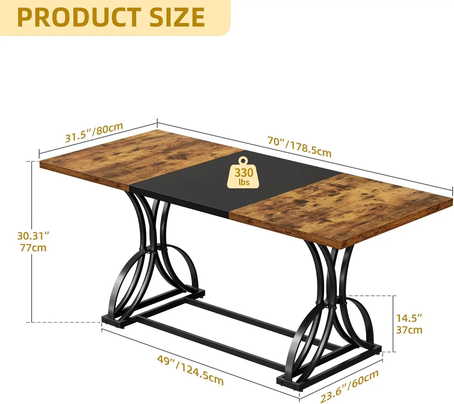 Mesa de comedor grande de granja de 70,3 pulgadas para 6-8 personas, mesa de comedor de cocina marrón rústica rectangular estilo industrial de madera con