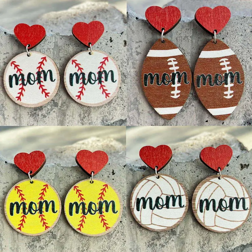Heart Wood Part and Round Wood Baseball Football MOM Earrings for Women Sports Mama Earrings Jewelry Gifts Wholesale