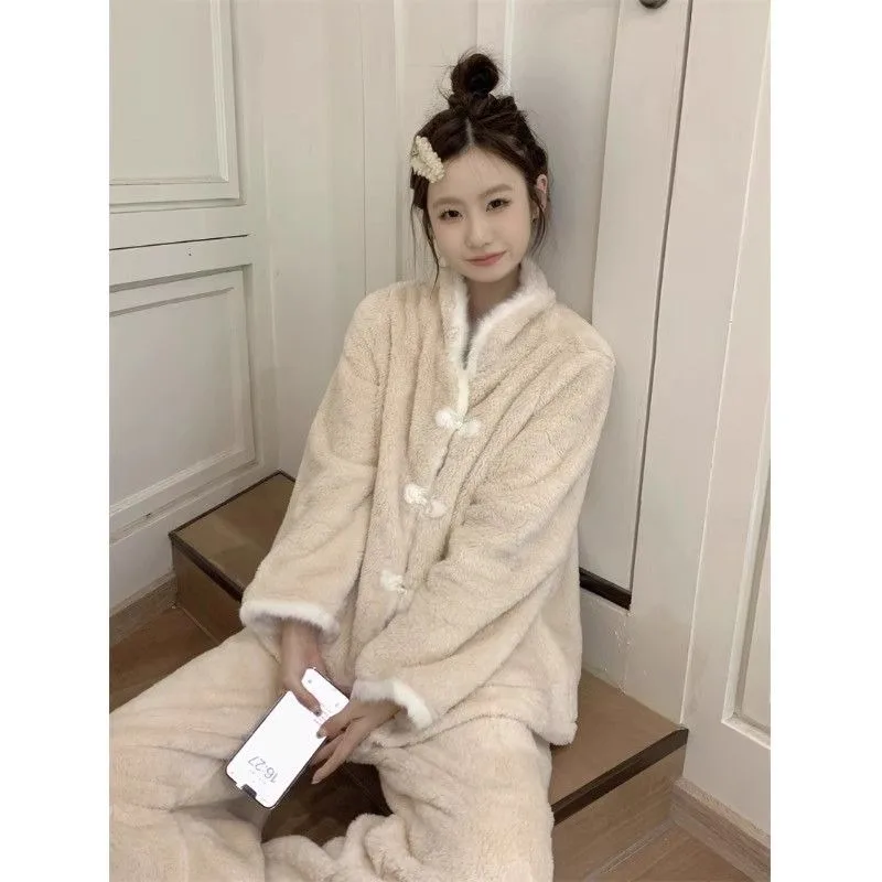 Neo-chinese Style Pajamas Women  Autumn and Winter Coral Fleece Extra Fleece and Thick Slouchy Student Loungewear pijamas