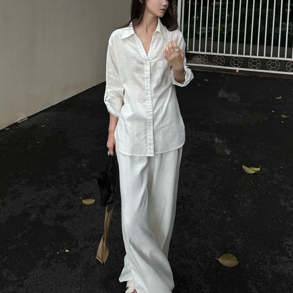 KWTX 여성용 화이트 캐주얼 셔츠 & 팬츠 세트 2피스 의상 - 루즈핏 라운지웨어 (커프 소매), 우아한 오피스룩