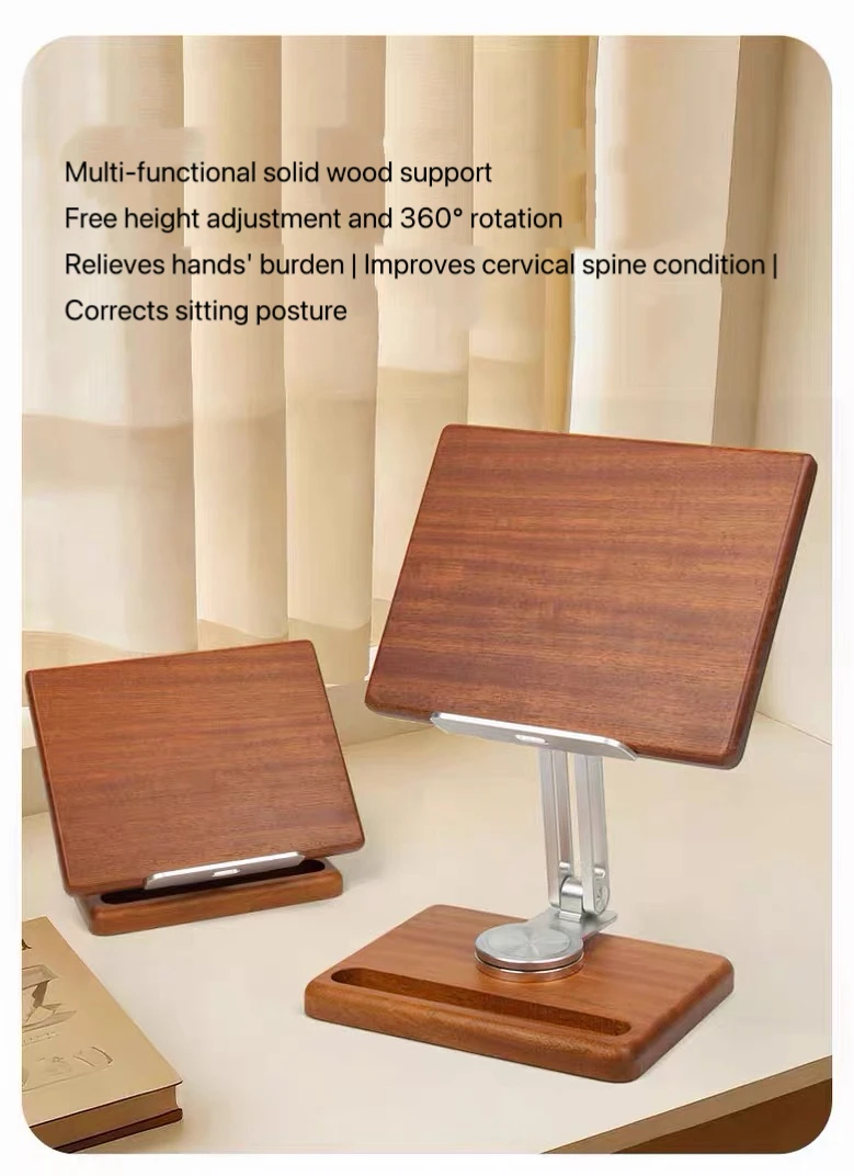 Mobile phone stand / tablet support stand with solid wood tabletop, headrest that can be raised and rotated