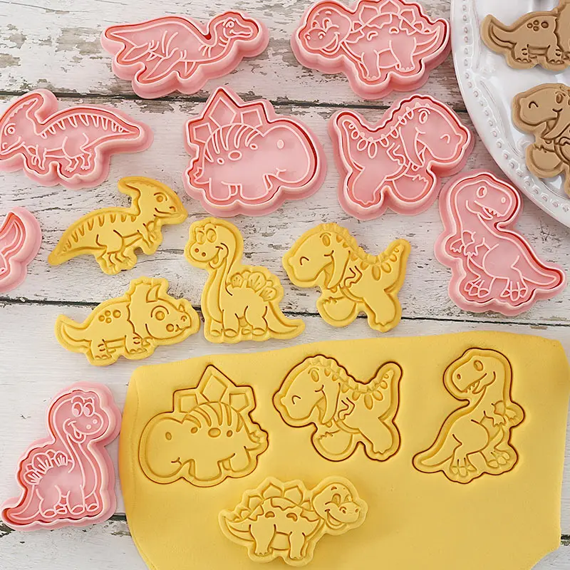 8 Pcs/set Cookie Cutters Plastic 3D Dinosaur Shape Cartoon Pressable Biscuit Mold Cookie Stamp Kitchen Baking Pastry Bakeware