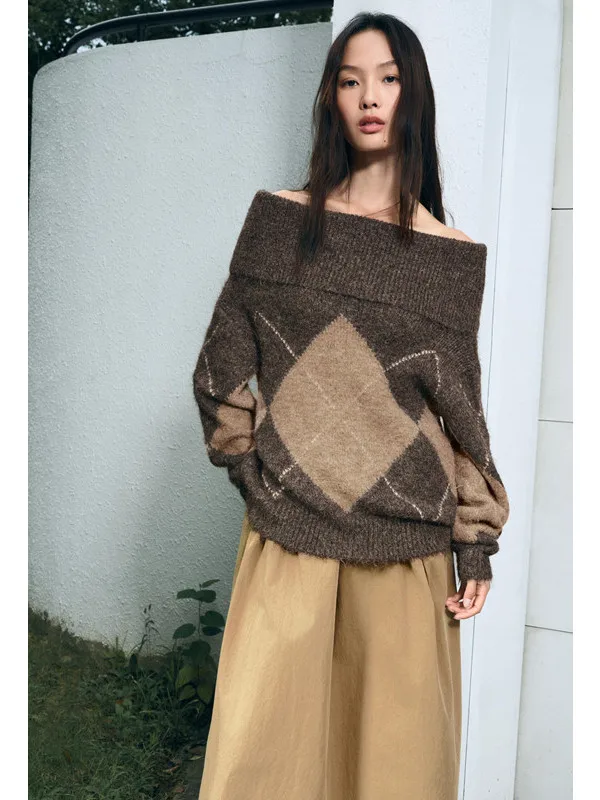 

oulder Bared Diamond Pattern Straight Leg Sweater Autumn Winter New Sle Women's Faion Cuffed Neline One oulder Expo...