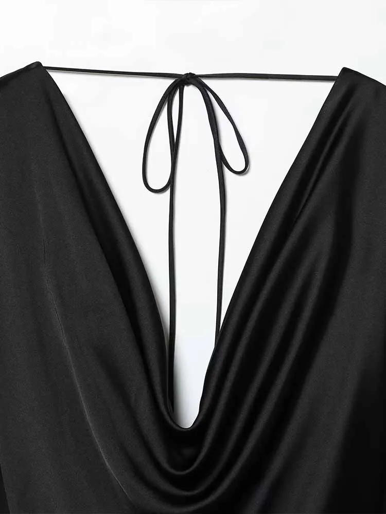 Estilo europeu e americano inverno nova moda na moda simples feminino de manga comprida textura de cetim de seda vestido de gola drapeada