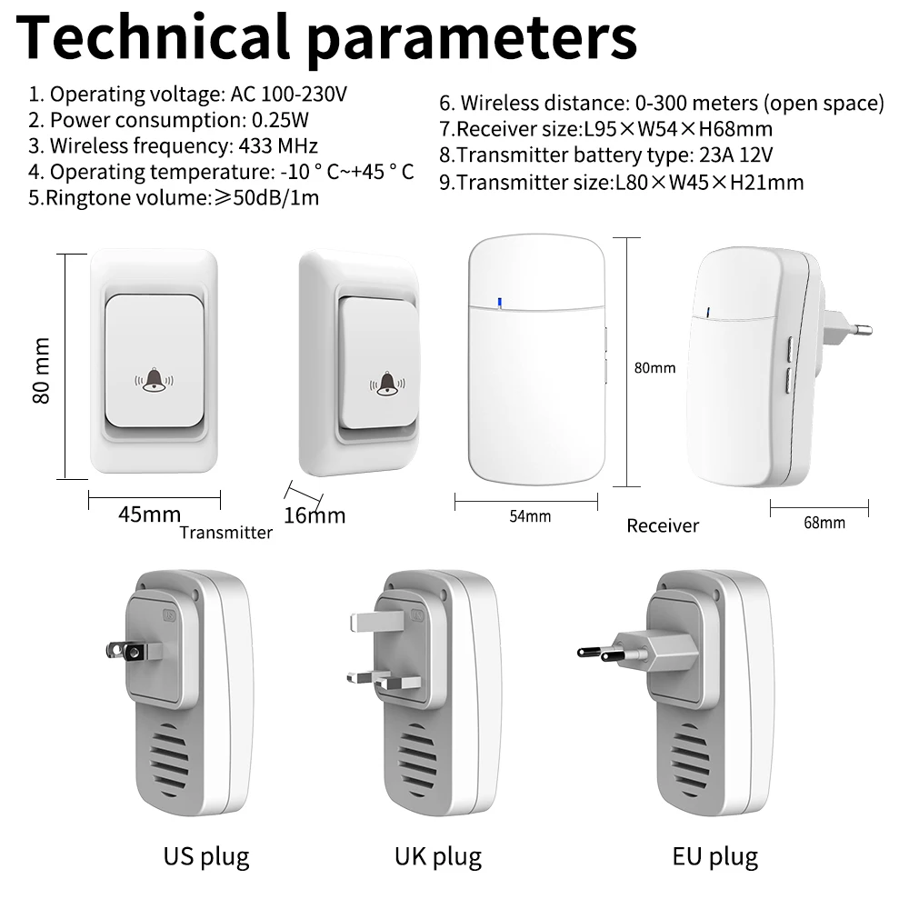 Sonnette sans fil extérieure, prise UE, Royaume-Uni, États-Unis, 150m, 23A, batterie 12V, étanche, maison intelligente, mur, signal pénétrant,