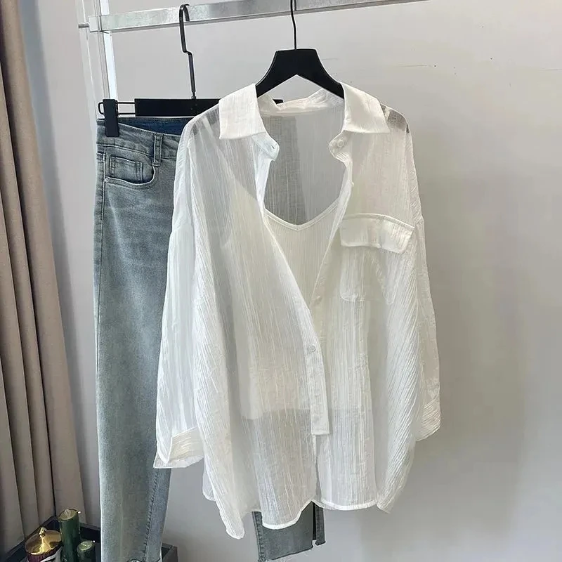 

Ladies Loose Fit Long Sleeve Thin Pure Color Shirt Korean Style Sun Protection Fashionable Office Wear Polyester Blend Shirt