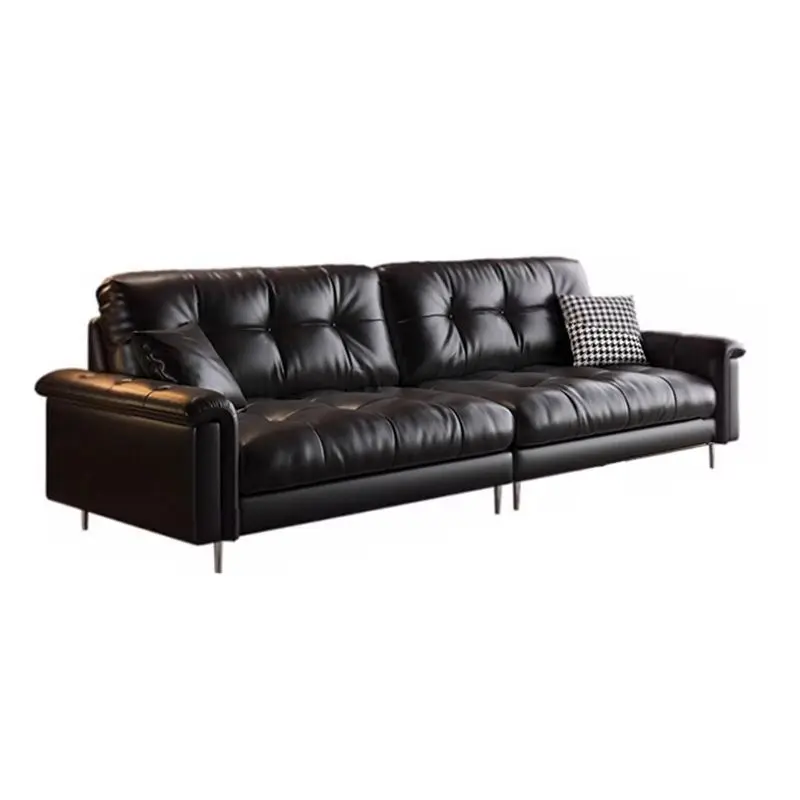 -For Medieval Style Leather Sofa First Layer Cowhide Small Apartment Living Room Vertical Buckle Black Sofa&