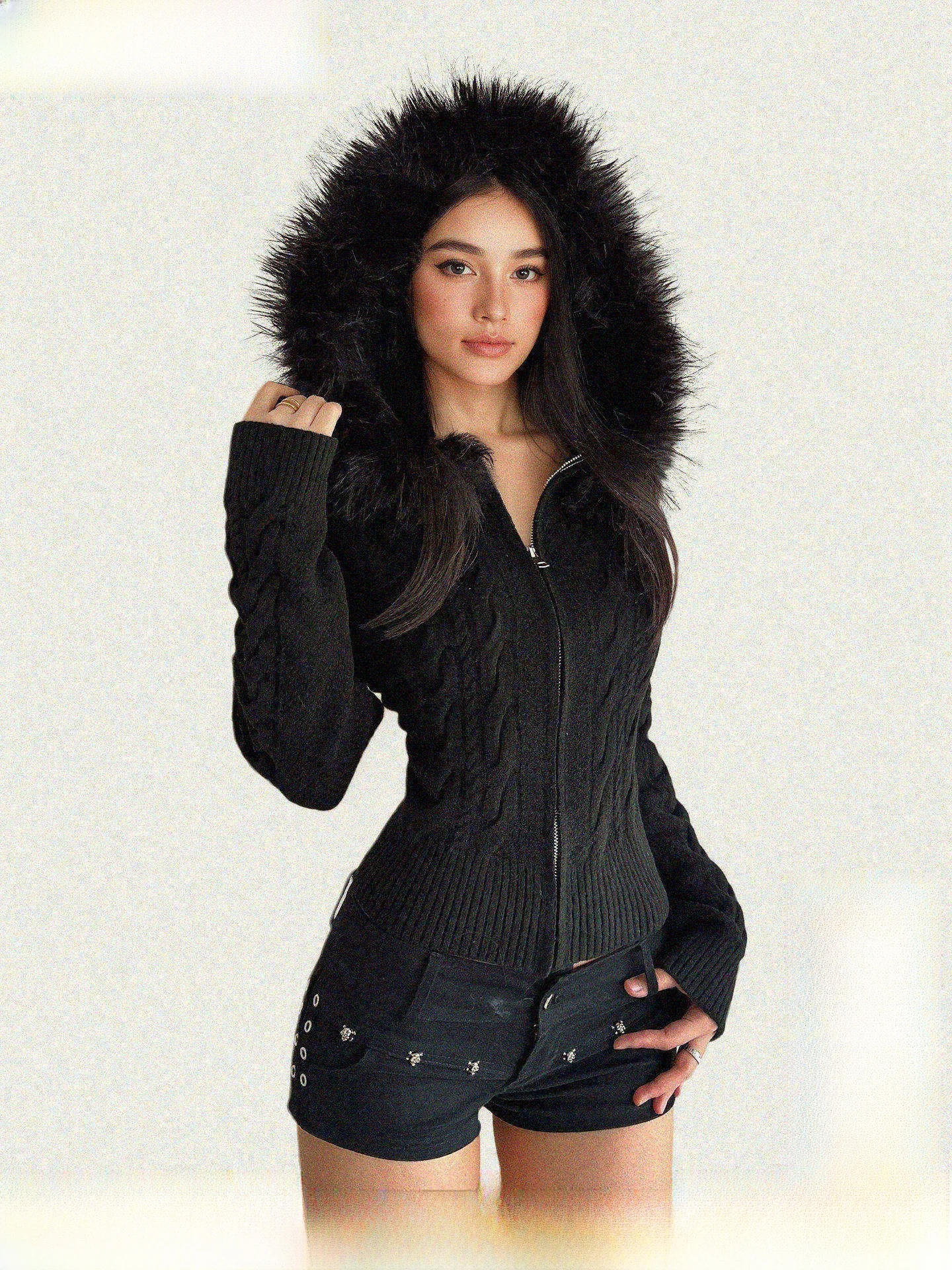 Funoff American Retro Black Fur Collar Twist Zipper Knitted Sweater Coat Autumn Winter Simple Long Sleeve Women's Fashion