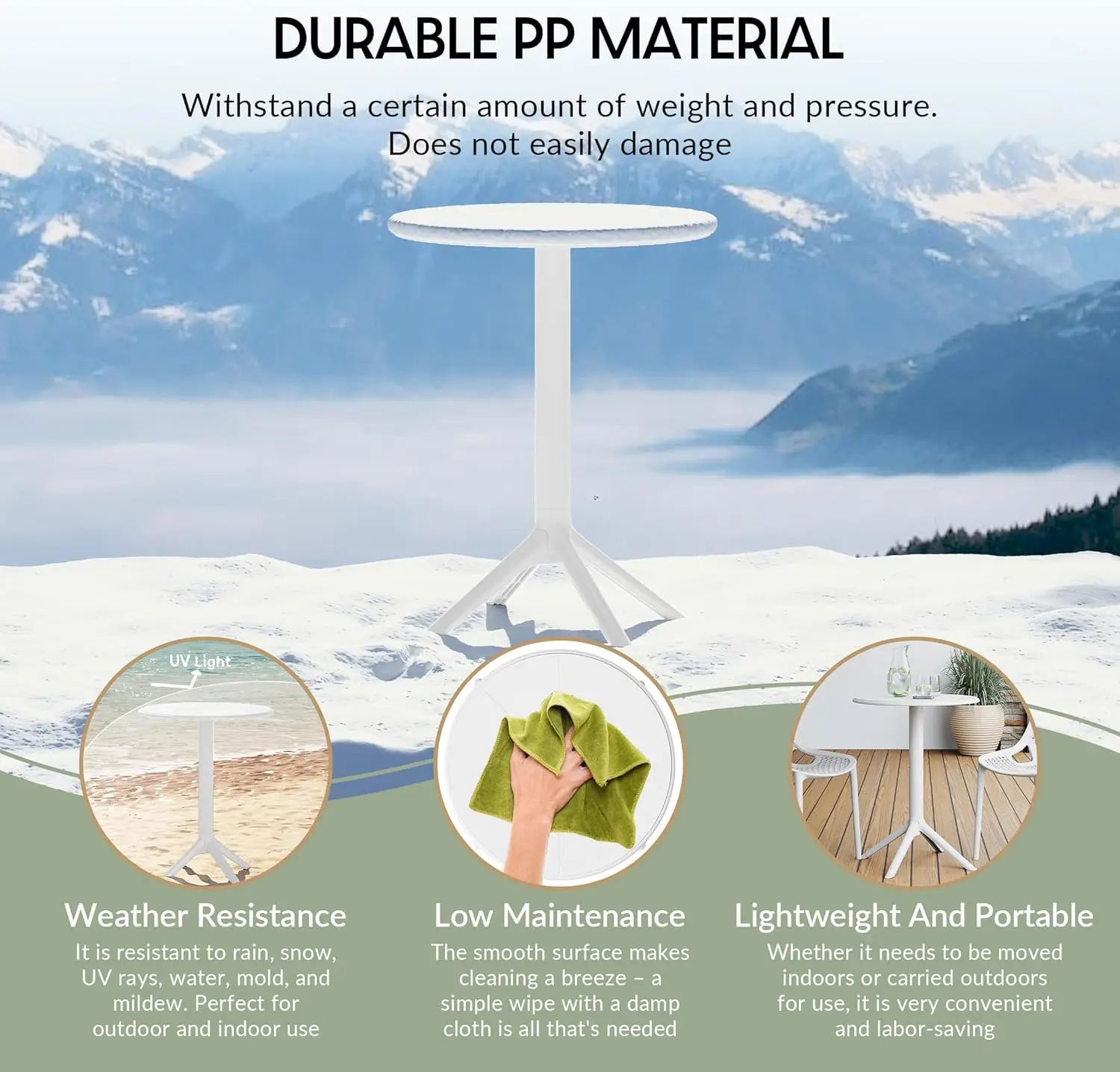 طاولة فناء تتسع لـ 4 أشخاص، طاولة طعام مستديرة من البولي بروبيلين للفناء الخارجي، طاولة طعام بيسترو مناسبة لجميع الأحوال الجوية لسطح السباحة في الفناء الخلفي،