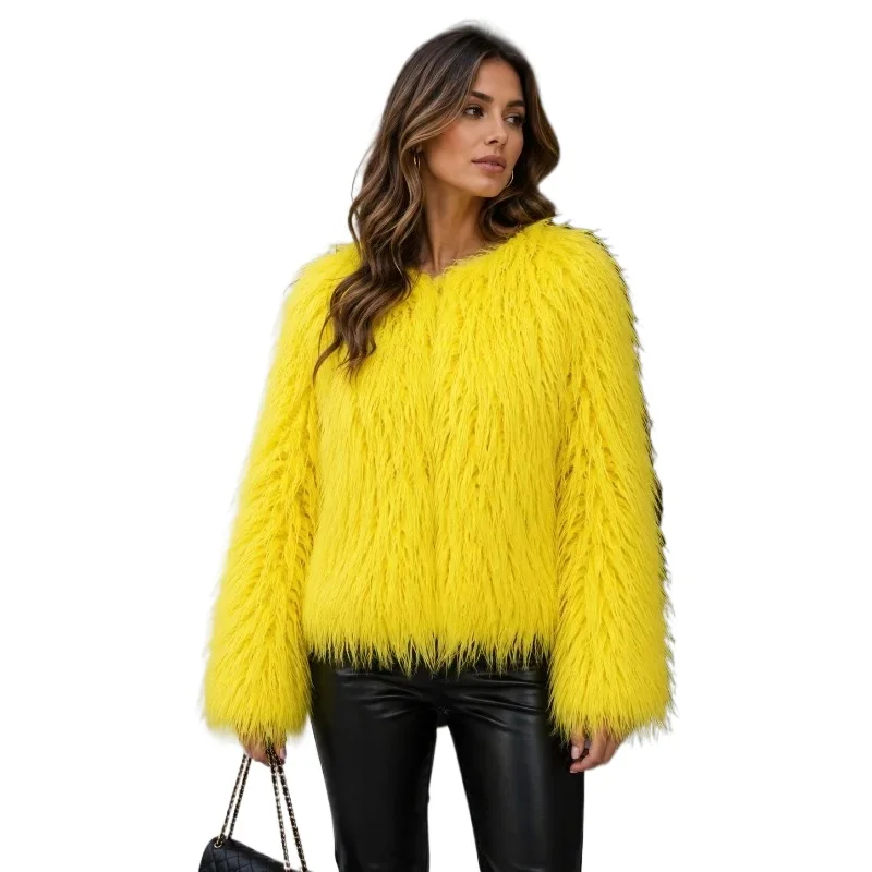 A Long-haired Fringed Faux Fur Round-neck Loose Short Jacket The New Women Autumn Winter Collection Features in Multiple Colors.
