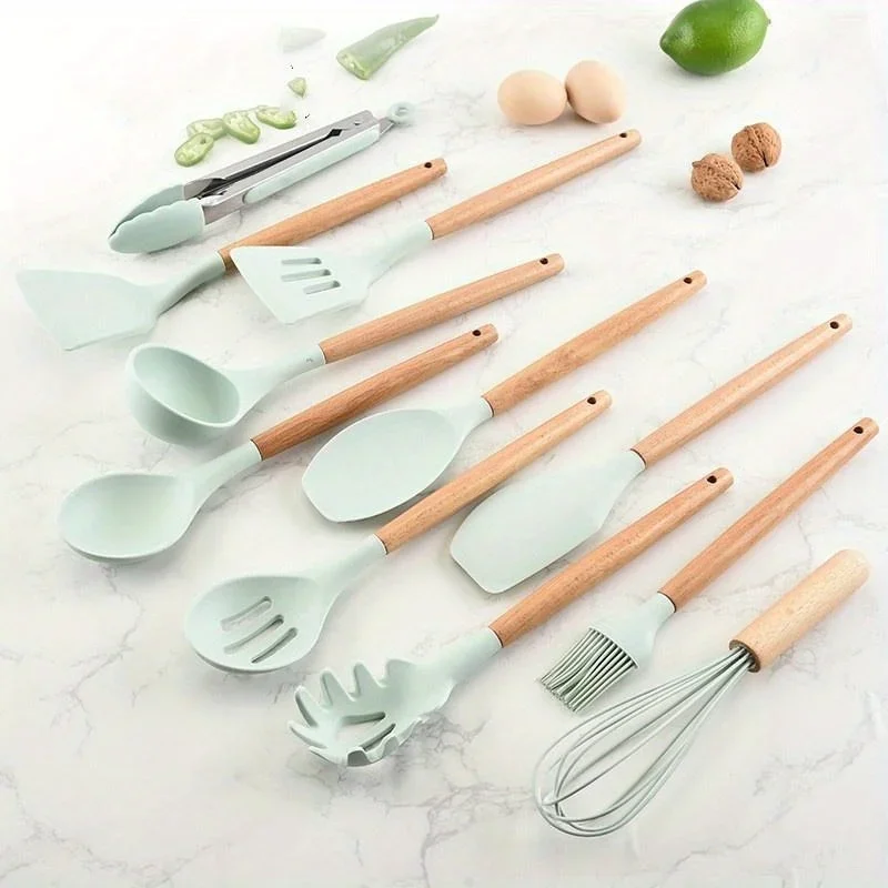 

Complete Set of Light Green Silicone Kitchen Utensils with Bamboo Handles Perfect for All Your Cooking Needs,With storage bucket