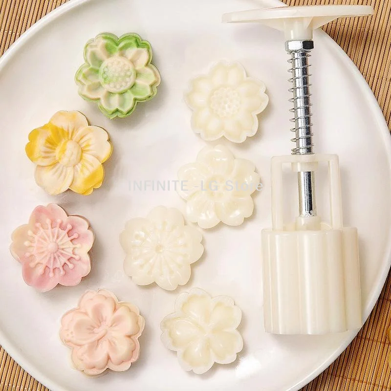 Mooncake Mold Plastic Hand-Pressure Cookie Stamps Flower Cherry Lion Pattern Plungers Pastry Decoration Tool Mid-Autumn Festival