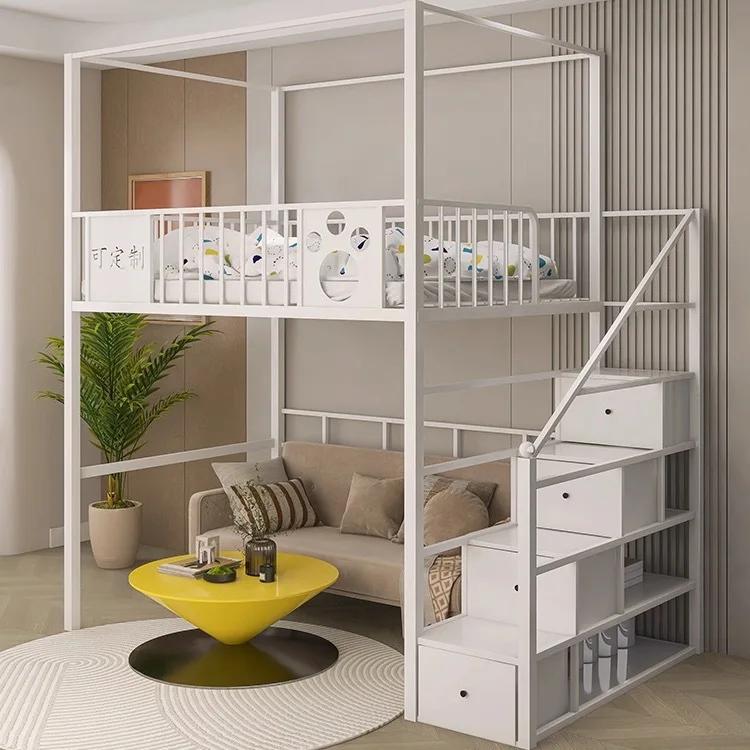 High and low iron frame bed, fence frame, elevated bed, empty shelf bed, stair drawer design, can store wrought iron bed