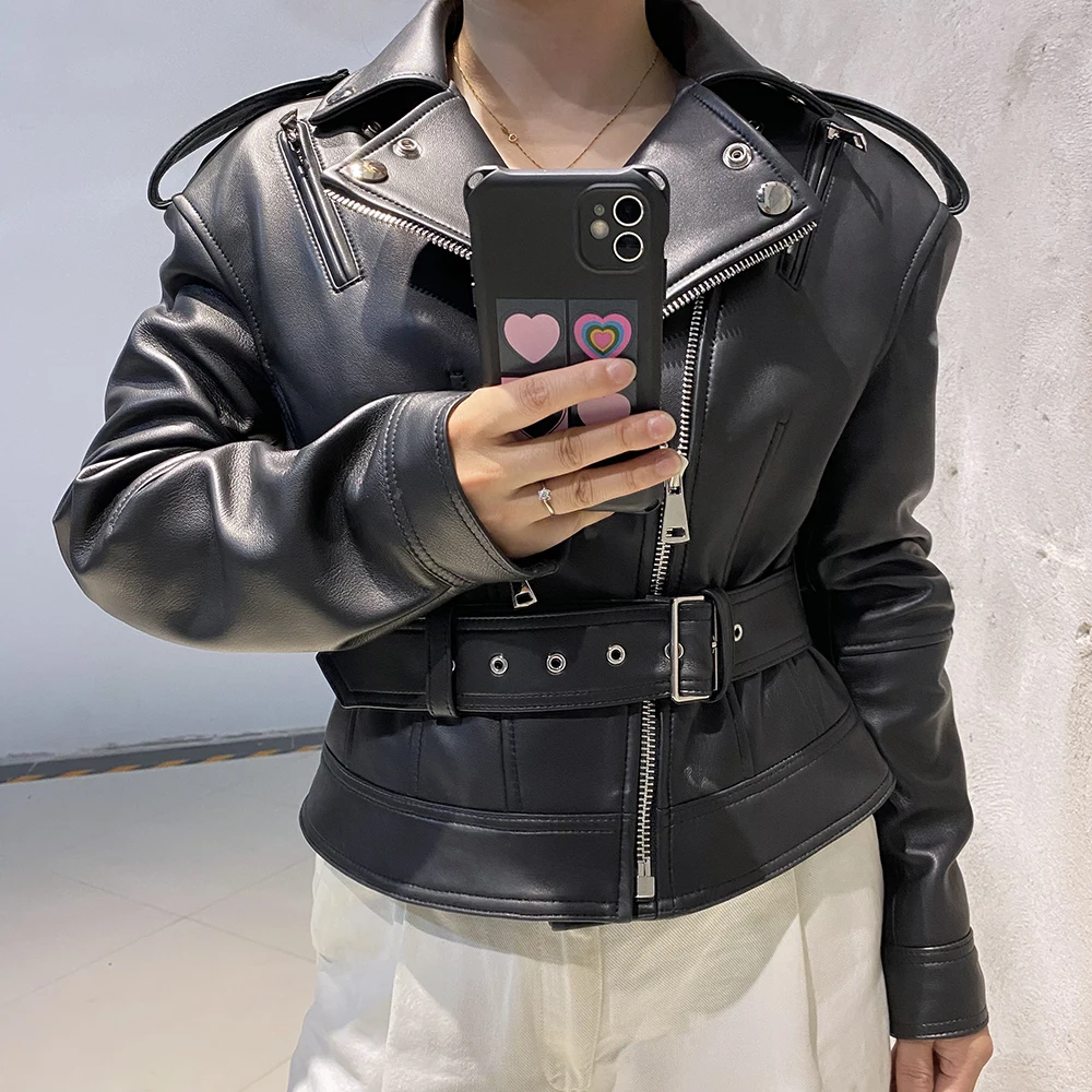 YOLOAgain 2024 Autumn Fashion Slim Black Real Leather Jacket Women High Quality