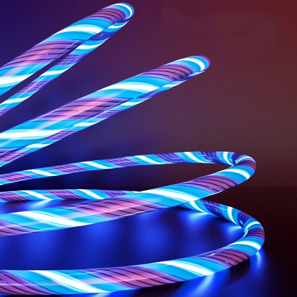 كابل شحن متعدد USB عالمي متدفق LED مضيء للهاتف ، واجهة لتفاح ، نوع C ، USB صغير ، موصل شاحن ، 3 في 1