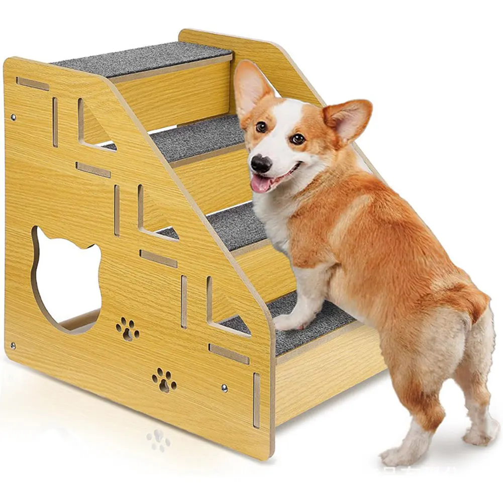 

4-Step Wooden Pet Stairs Nonslip Carpeted Cat and Dog Steps Dog Stairs Ramp Pet Furniture for Dogs and Cats for Bed