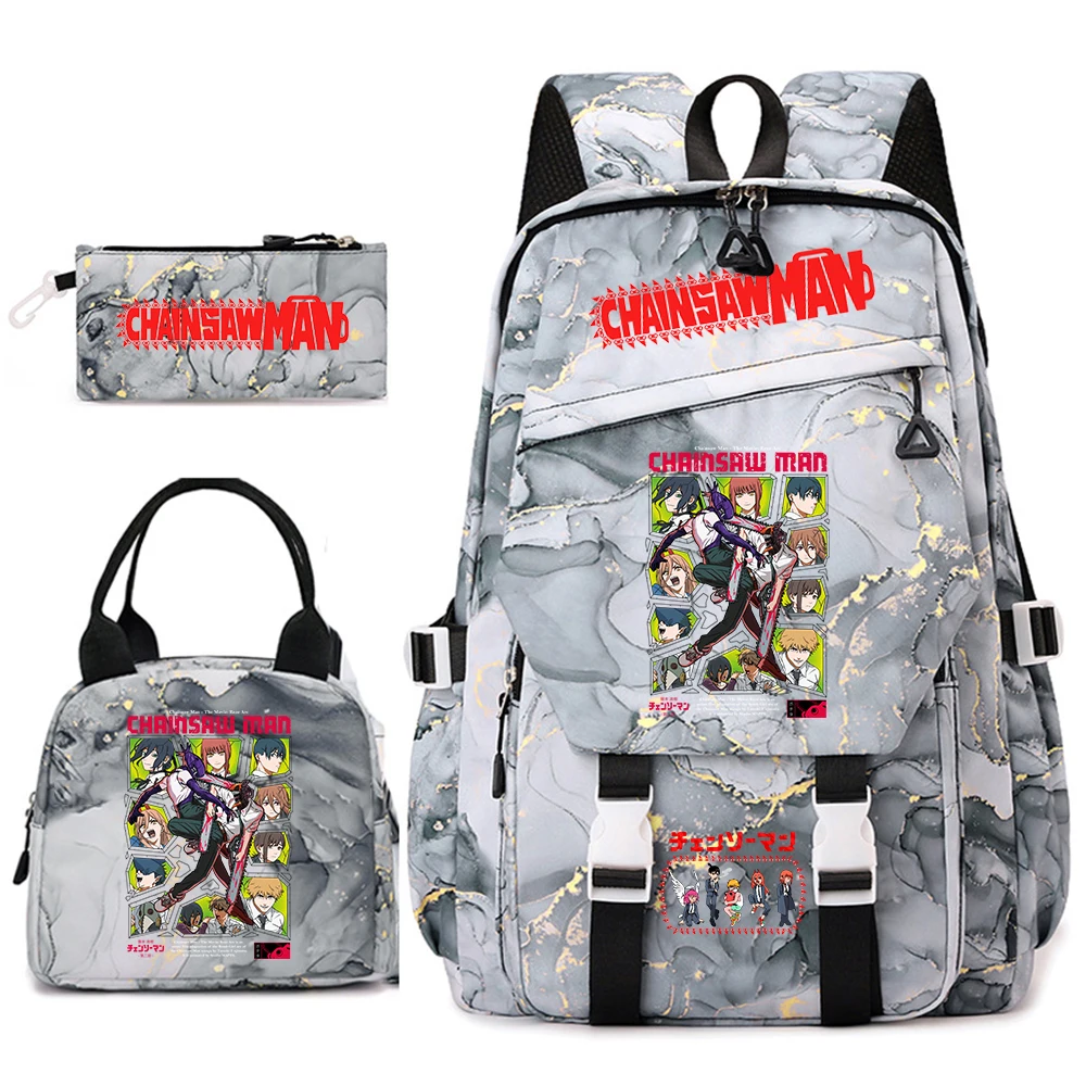 Chainsaw Man Anime Print Student Backpack Set for Girls with Lunch Bag Pencil Case School Daily Use