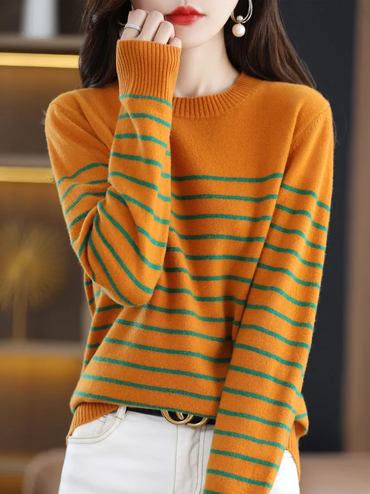 Frauen Herbst Winter Pullover O-Ausschnitt gestreifte Strickwaren Mode Langarm lose Pullover weiblich lässig koreanischen Stil neue Tops