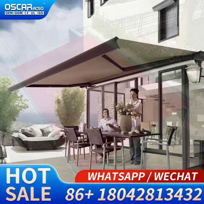 Full Cassette Retractable Waterproof Motorized Awning with Aluminum Alloy Frame for Villa Balcony Outdoor Garden Rain Canopy in