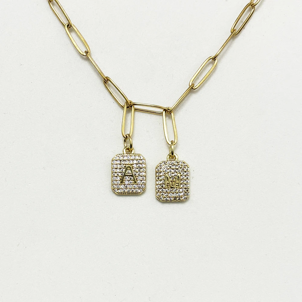 Customize Capital Initial Letter Carved Zircon Square Pendant Necklace Gold Color Copper Charm Bamboo Chain Necklace Jewelry