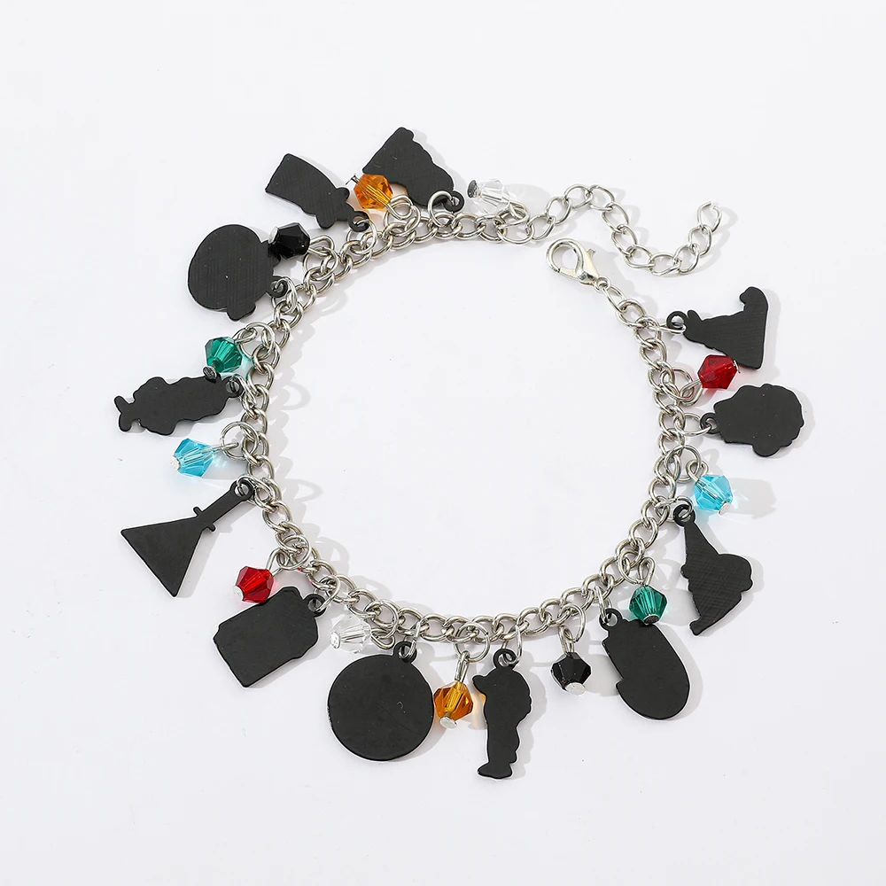 Whimsical Mystery Alloy Bracelet with Multi-Cartoon Figure & Pyramid Hand Pendant Bangle Chain Jewelry Gift for Fashion Lovers